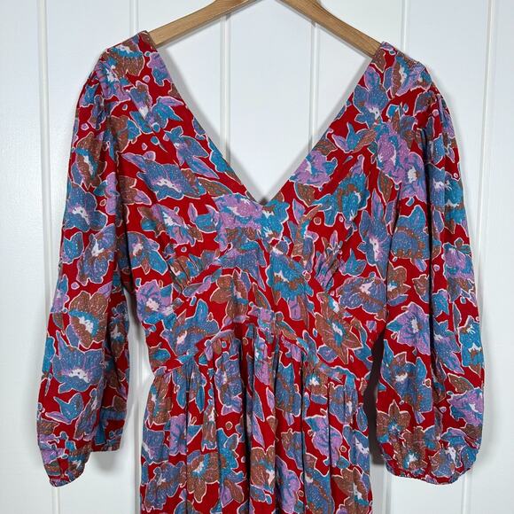 Caroline Constas Dress Large Red Floral Print Cotton Midi V Neck Smock Back - Picture 3 of 11